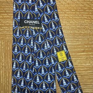 CHANEL 100% Silk Navy tie with Light Blue Lighthouses